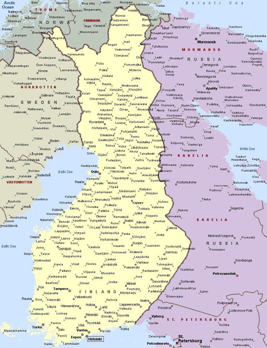 ફિનલેન્ડ સાથે નકશો શહેરો