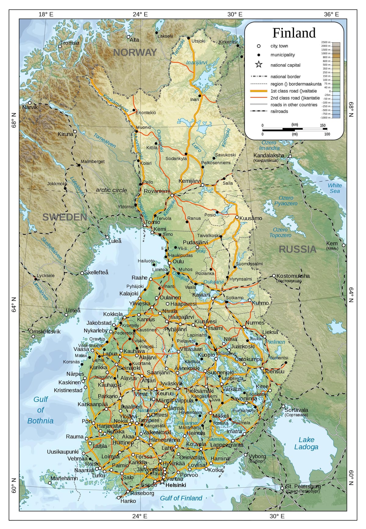 નકશો ભૌતિક ફિનલેન્ડ